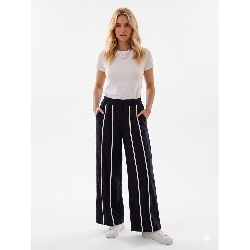 La Illa Linen Blend Wide Leg Pants Medium Black White Stripe Elastic Waist Linen